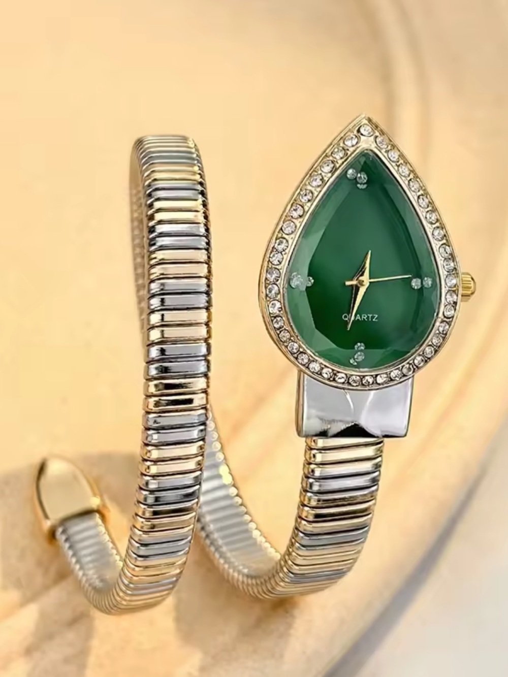 Kohl's Gold-Tone Wrap Bracelet Watch with Green Teardrop Dial